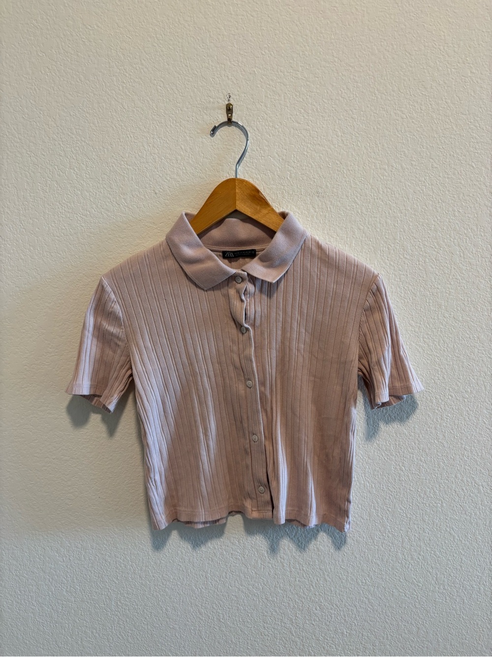 Zara Cropped Ribbed Polo Button-Up - Dusty Mauve